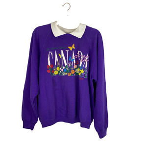 Vtg 90s Canada Womens Sweatshirt Sz XL Pullover Collared Purple Floral Logo READ